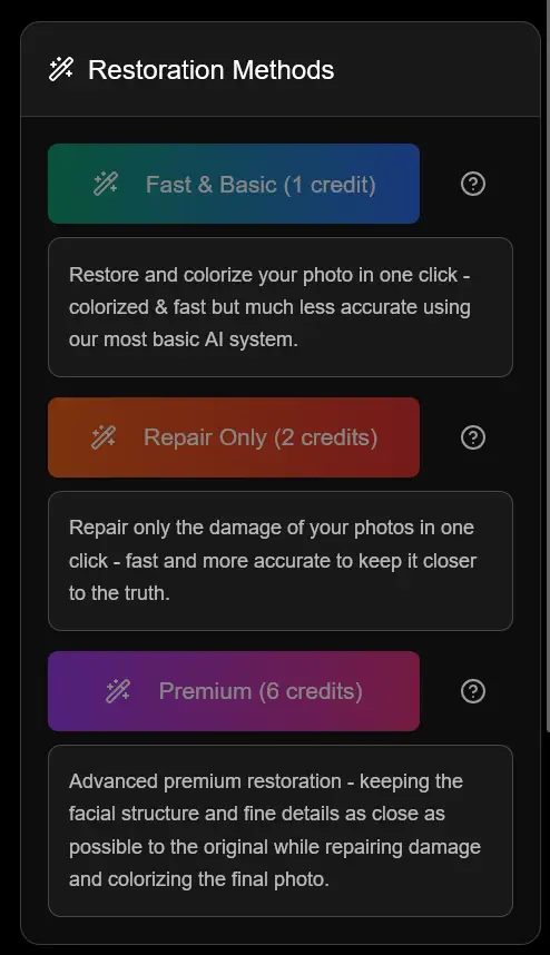 Restoration Methods interface showing quality options
